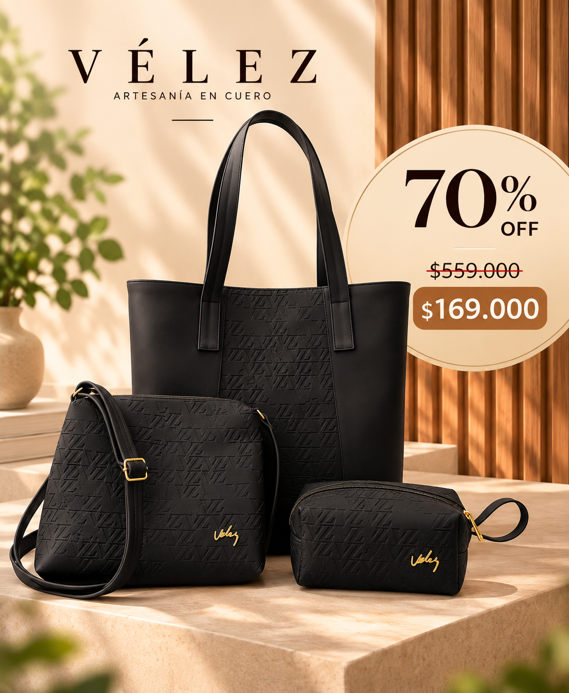 Trio Bolso Billeteras Vélez de Cuero Caja - Últimas Unidades Con 70% De Descuento🔥