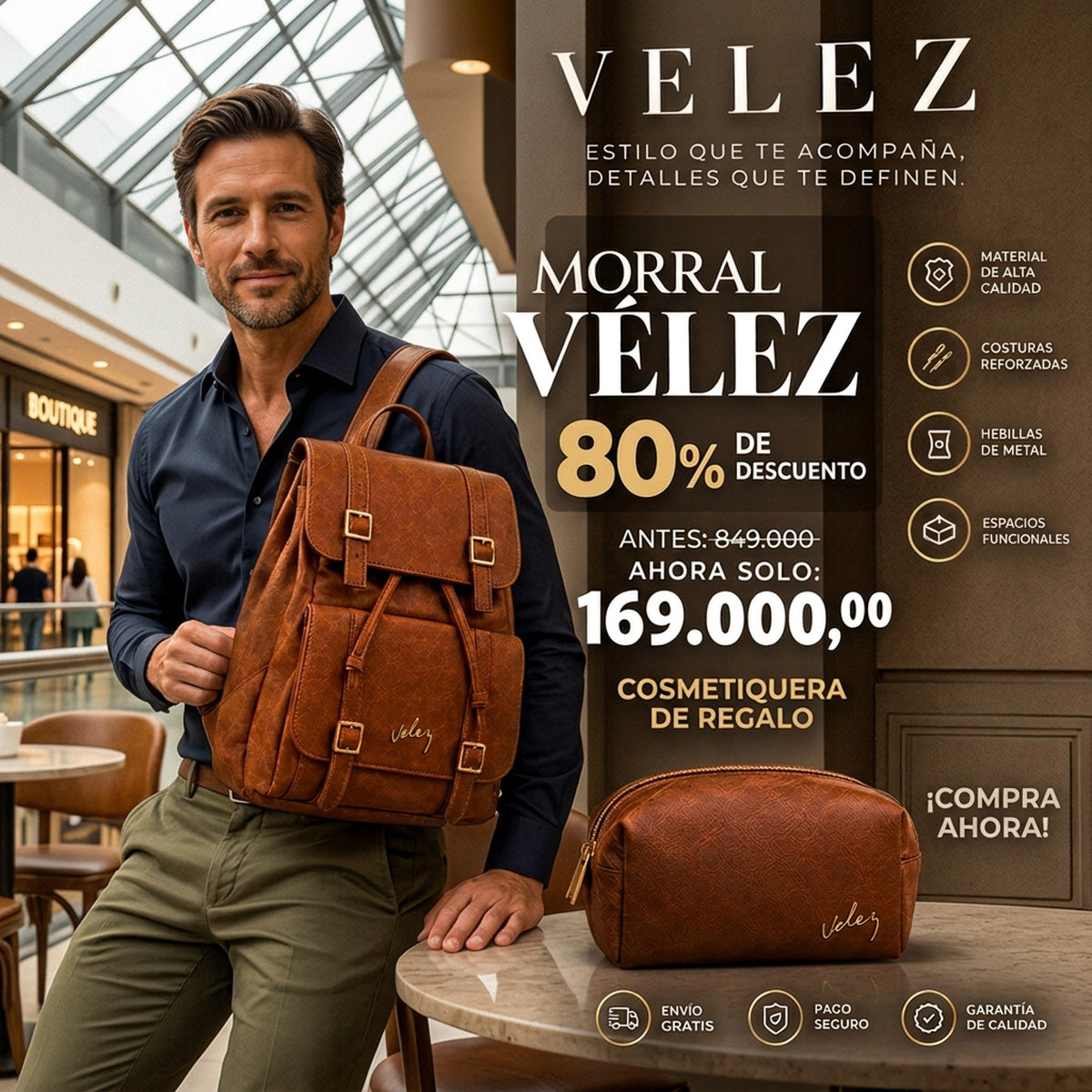 Morral Unisexo Vélez de Cuero - Lote Exclusivo Con 80% OFF + Cosmetiquera de Regalo