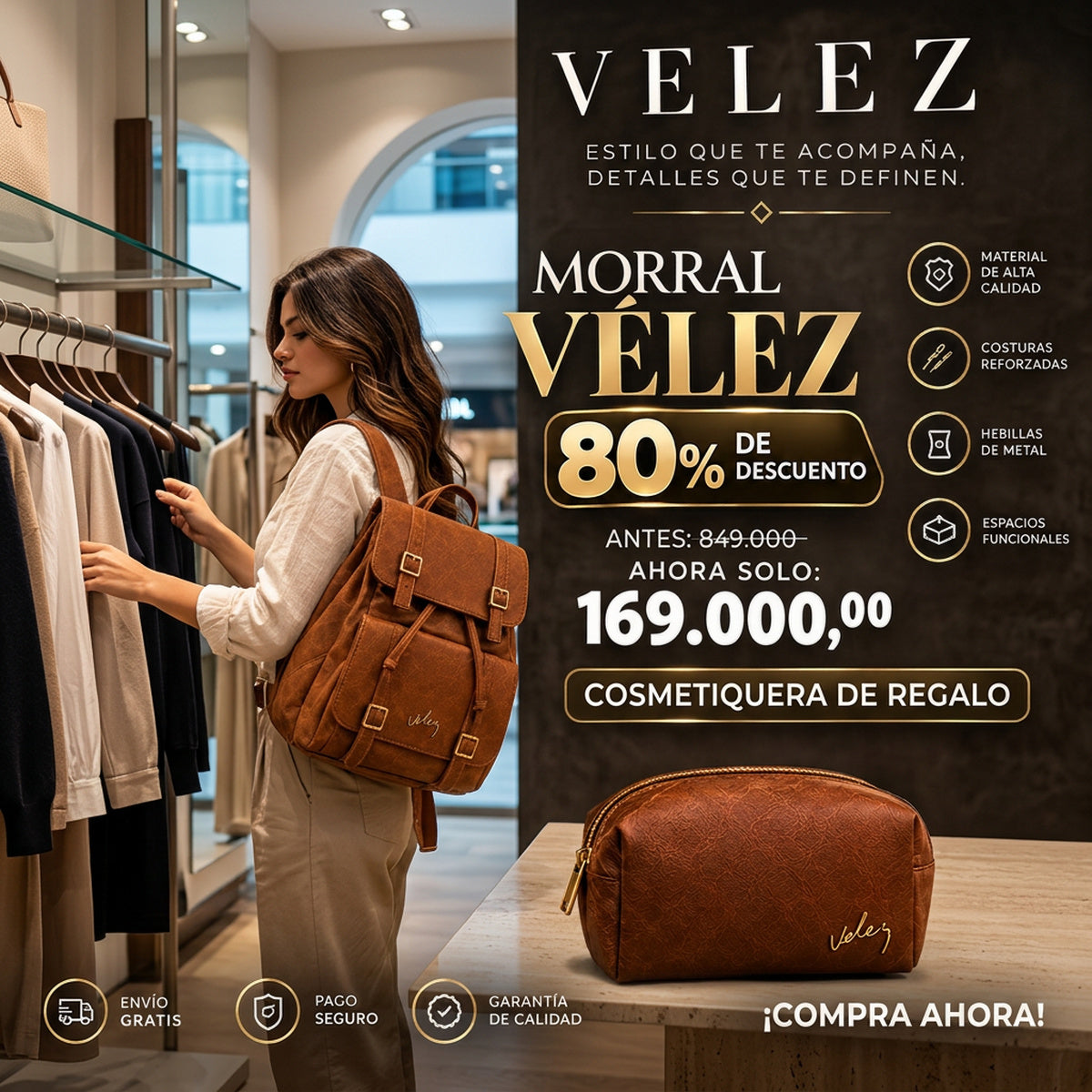 Morral Unisexo Vélez de Cuero - Lote Exclusivo Con 80% OFF + Cosmetiquera de Regalo